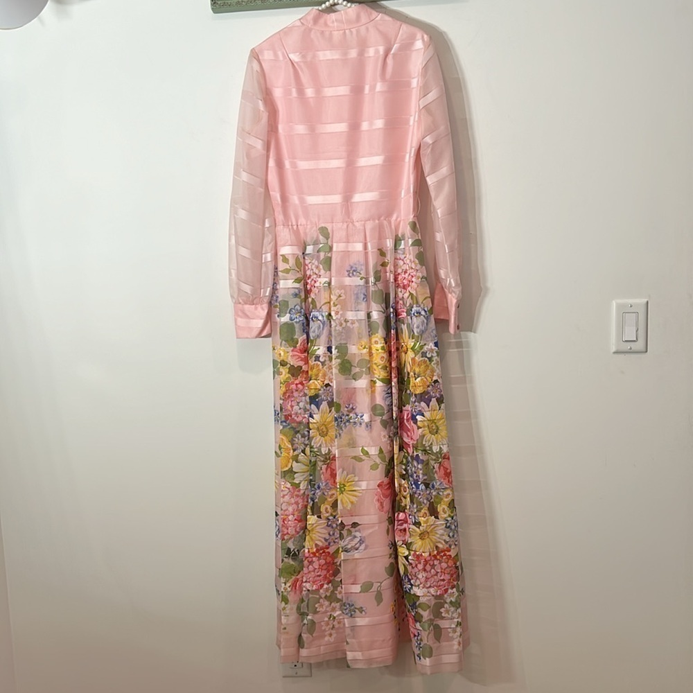 1970s Vintage Pink Sheer Organza Watercolor Floral Princess Gown women’s size 14 - Picture 10 of 14